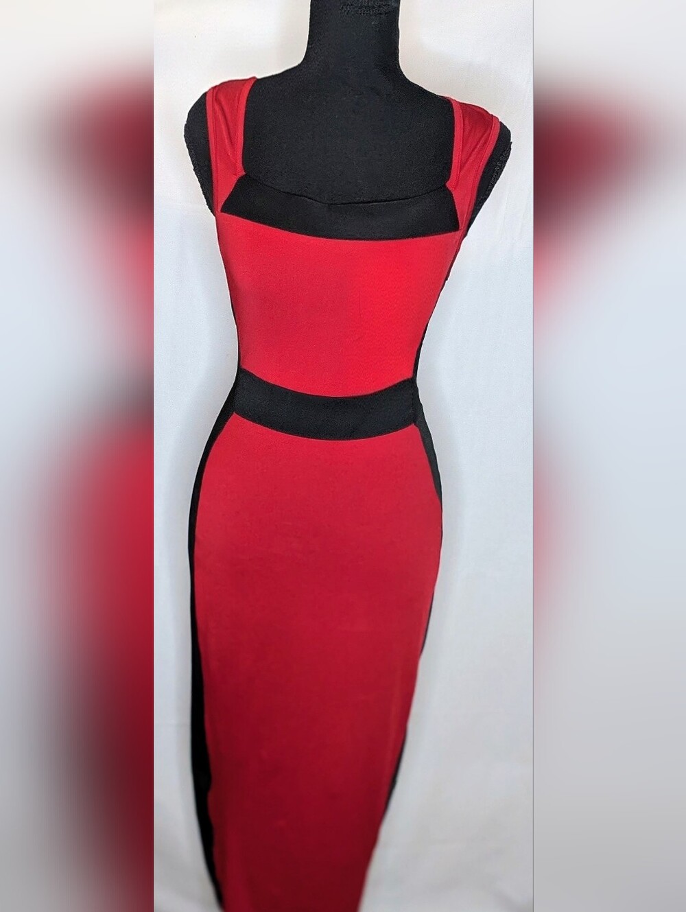 Red Black Colorblock Bodycon Midi Dress Petite Small Slimming Stretch
